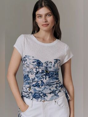 Maeve Ruched Corset Short-Sleeve Top | XSmall | Blue Floral